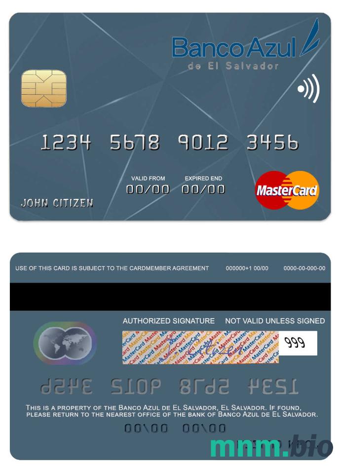 El Salvador Banco Azul de El Salvador przykład karty mastercard w formacie PSD